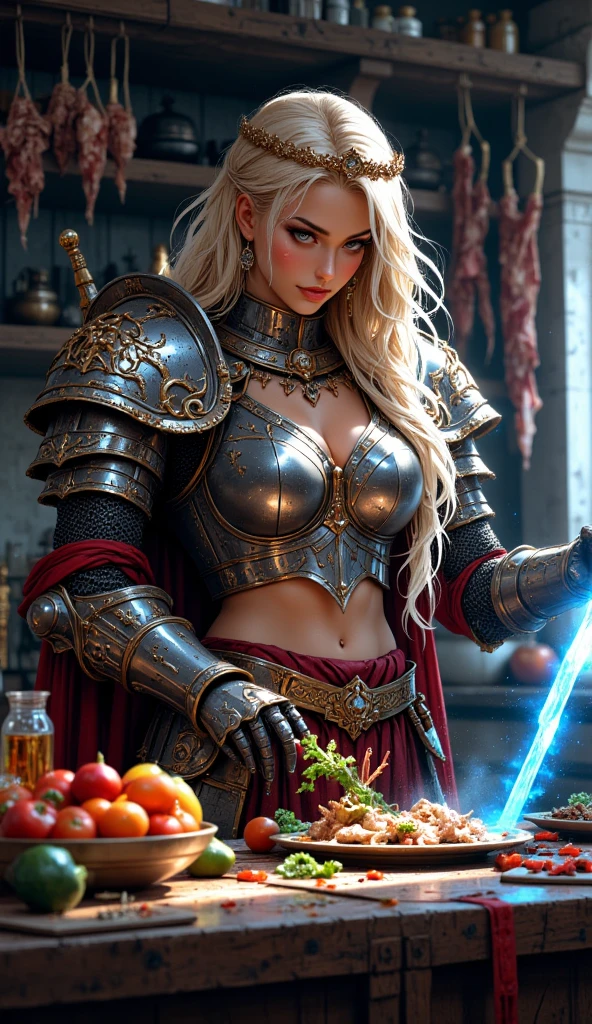 woman with a knife in hand, in the background a tin man with an axe superimposed, POV style Facesitting, faces the style of Artgerm lau