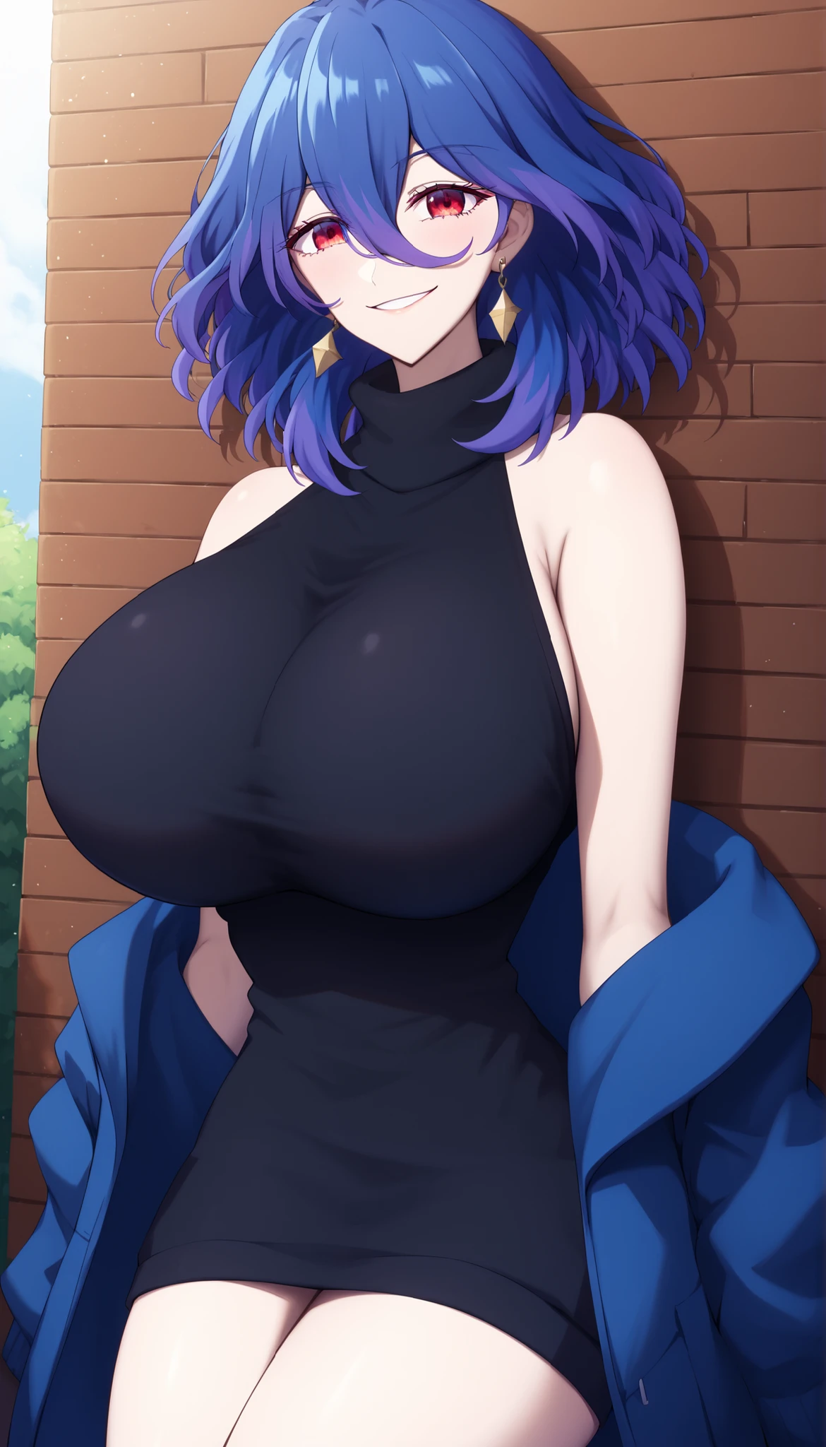 score_9, score_8_up, score_7_up, score_6_up, score_5_up, score_4_up
vermeil, vermeil, red eyes, hair between eyes, blue hair, purple hair, multicolored hair, medium hair,
sweater, bare shoulders, sleeveless, turtleneck, black sweater, thighs,
smile,
looking at viewer, 1girl solo, ,,,,,,, earrings big breasts huge breasts , locking at viewer , shiroshisu style ,,,,, <lora:Earthbound_-_Shiroshisu_Artist_Style_-_IllustriousXL:1> , 

shiroshisu, shiroshisu style ,