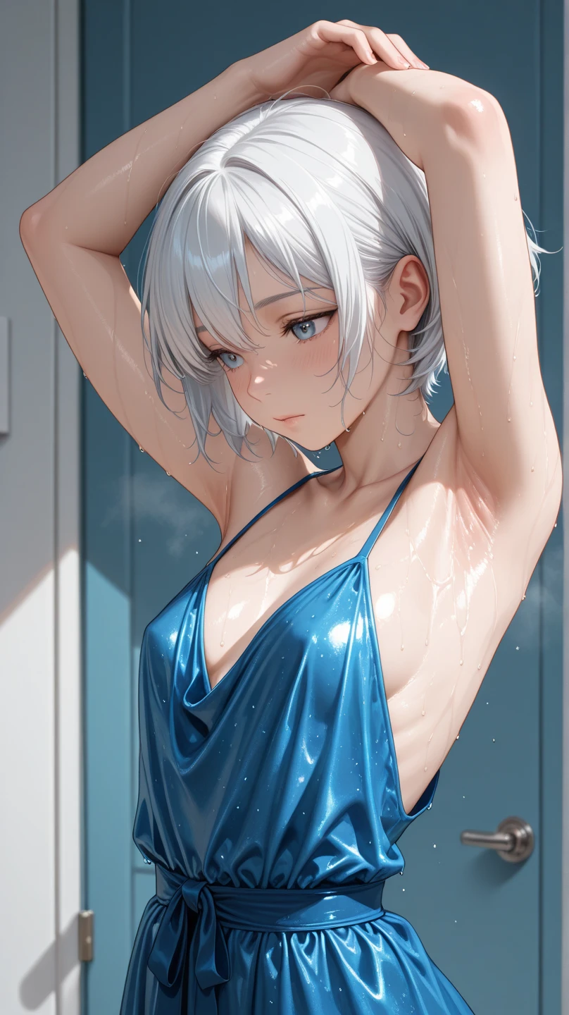 (8k, best quality, master piece: 1.2),super high resolution,1 girl, 独奏, cowboy shot ,ultra-detailed face, Selfie、Reflection in the mirror、Swimsuit、Silver Hair、shower room、Midnight、Out of the window、Starry Sky、 hand between legs, Collarbone, Ecstatic expression