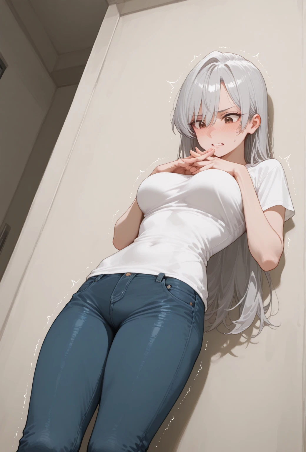 nsfw,beautiful girl,Anime Face,older sister,Gray Hair,ponytail,steam,(low quality,worst quality:1.4),extra limbs,missing limb,extra digit,fewer digit,missing digit,missing finger,fused fingers,mutated hands and fingers,1girl,sweat,white t-shirt, ,take off,Jeans,Open legs wide,embarrassed,Open legs wide,sitting with one's back turne ,open vagina,brown vagina,on the bed,pussy juice,pubic hair,presenting,