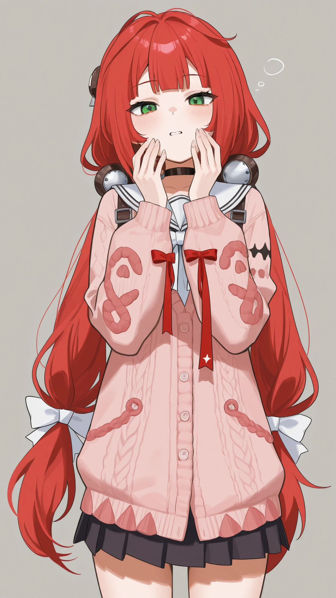1gir, solo, lying, red hair, not hand, hands inside cloth, shy, hands disappear, cute, bondage, rope, long hair