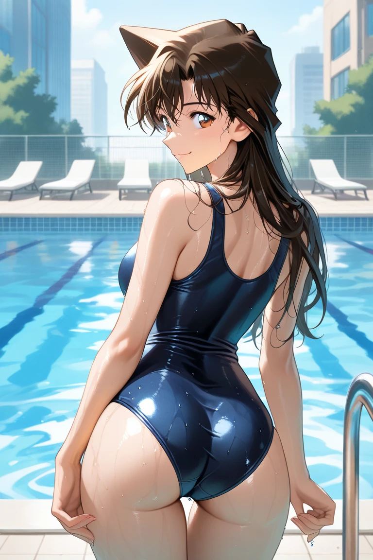 1lady solo, from side, sitting on poolside floor, (competition swimsuit) stylish, (mature female:0.8), /(brown hair/) bangs, blush kind smile, (masterpiece best quality:1.2) delicate illustration ultra-detailed, large breasts BREAK (swimming pool) indoors, course rope, hanging flags, detailed background