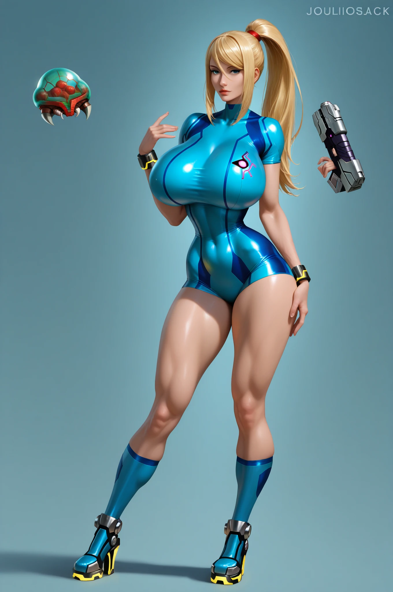 arafed woman in a blue suit holding a gun and posing, zero suit samus, samus aran bioorganic varia suit, cutesexyrobutts, thicc, samus aran fanart, as overwatch character, samus, samus aran, amouranth, full-cosplay, cammy, better known as amouranth, cybersuit