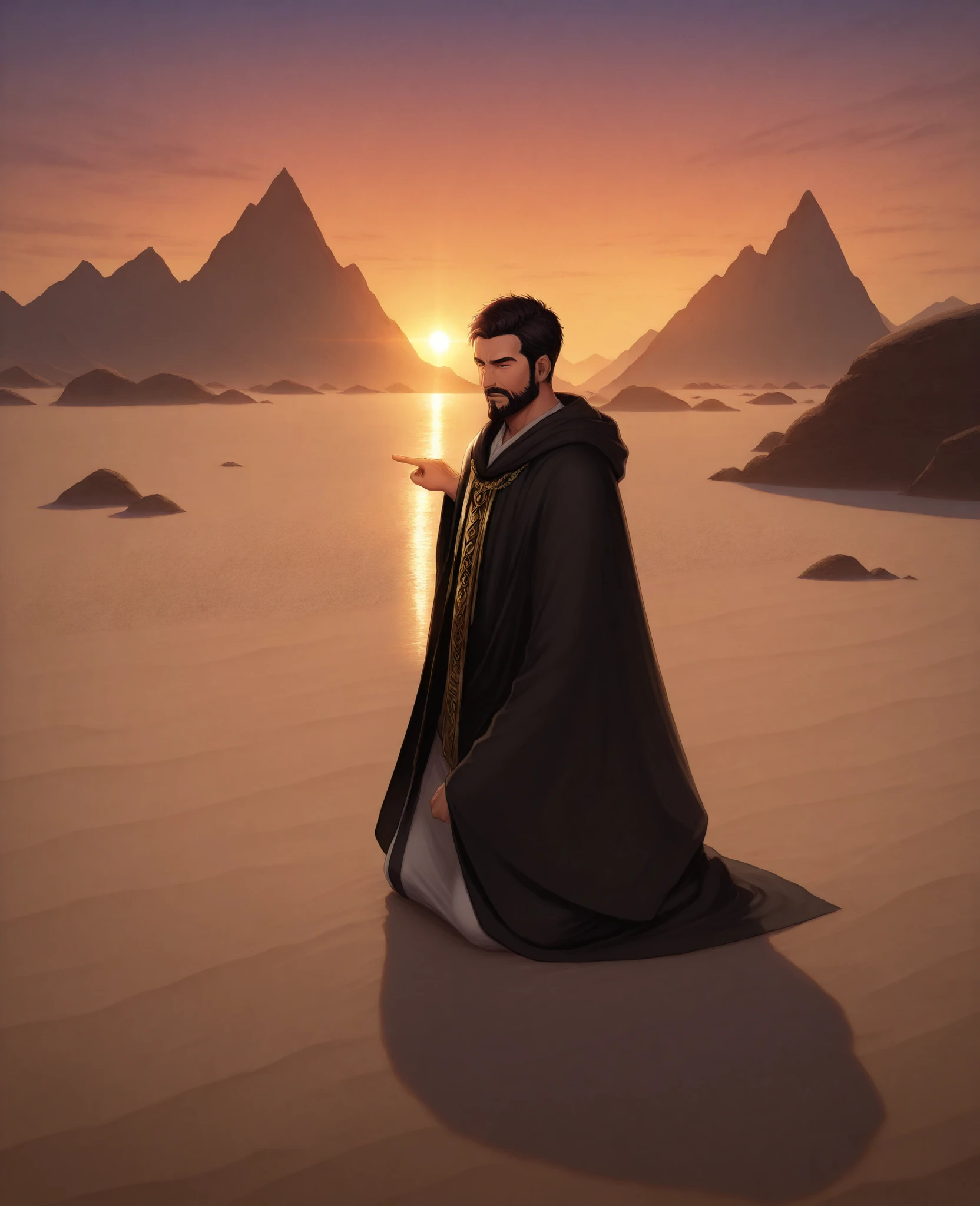 “Achan, a man with dark hair and a beard, a guilt-ridden expression, kneeling before Joshua and other Israelite leaders, pointing toward a Hebrew tent where he has hidden the stolen spoils (a Babylonian robe, gold, and silver). The scene is solemn and tense, leaders looking on with expressions of disappointment, warm sunset lighting illuminating the scene, realistic details in the tent fabric, sand, and ancient attire. Epic, historical, and emotional style.”