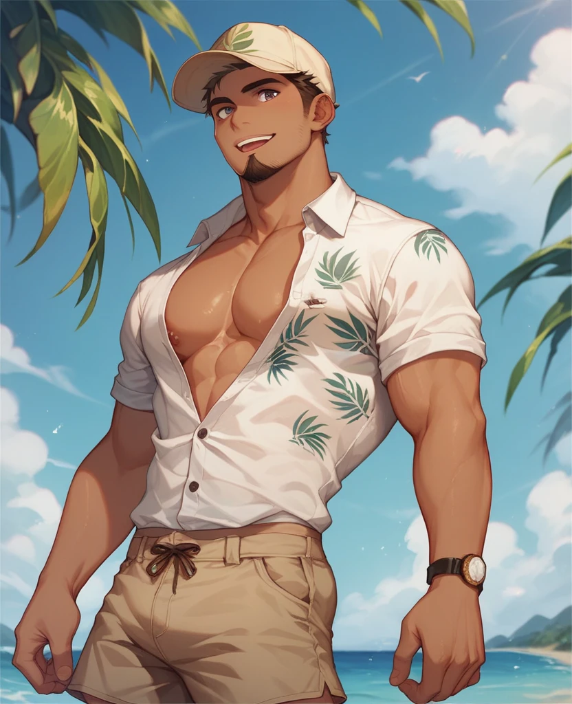 a stocky chubby masculine man in transparent wet yellow thong leaning on a car with sunglasses on, shirtless, care chest,  topless, looking hot, in the sun,in cloudy weather, (Masterpiece, Best Quality: 1.2), Solo, Male Focus, 1 Boy, looking to his left , brown Hair, Brown Eyes, (Abs, Bulging Underwear, Erection), ((Mokkori: 1.4)), ((Very thick chest plate)), (Thin underwear, wet, beautiful nipple slip: 1.4)), Glossy skin, (sweaty skin))), (POV, view from below: 1.2), coconut trees and dark black gradient sky and stormy clouds, Futa outline Bulge in pants), hot look, sexy look, thicc thick thighs, detailed and fine high quality illustration picture, depth of field, sharpness, shadow, (high resolution,overwhelmingly pixel-perfect,luxurious illustration), (Ultra Quality, Masterpiece, Ethereal:1.4)