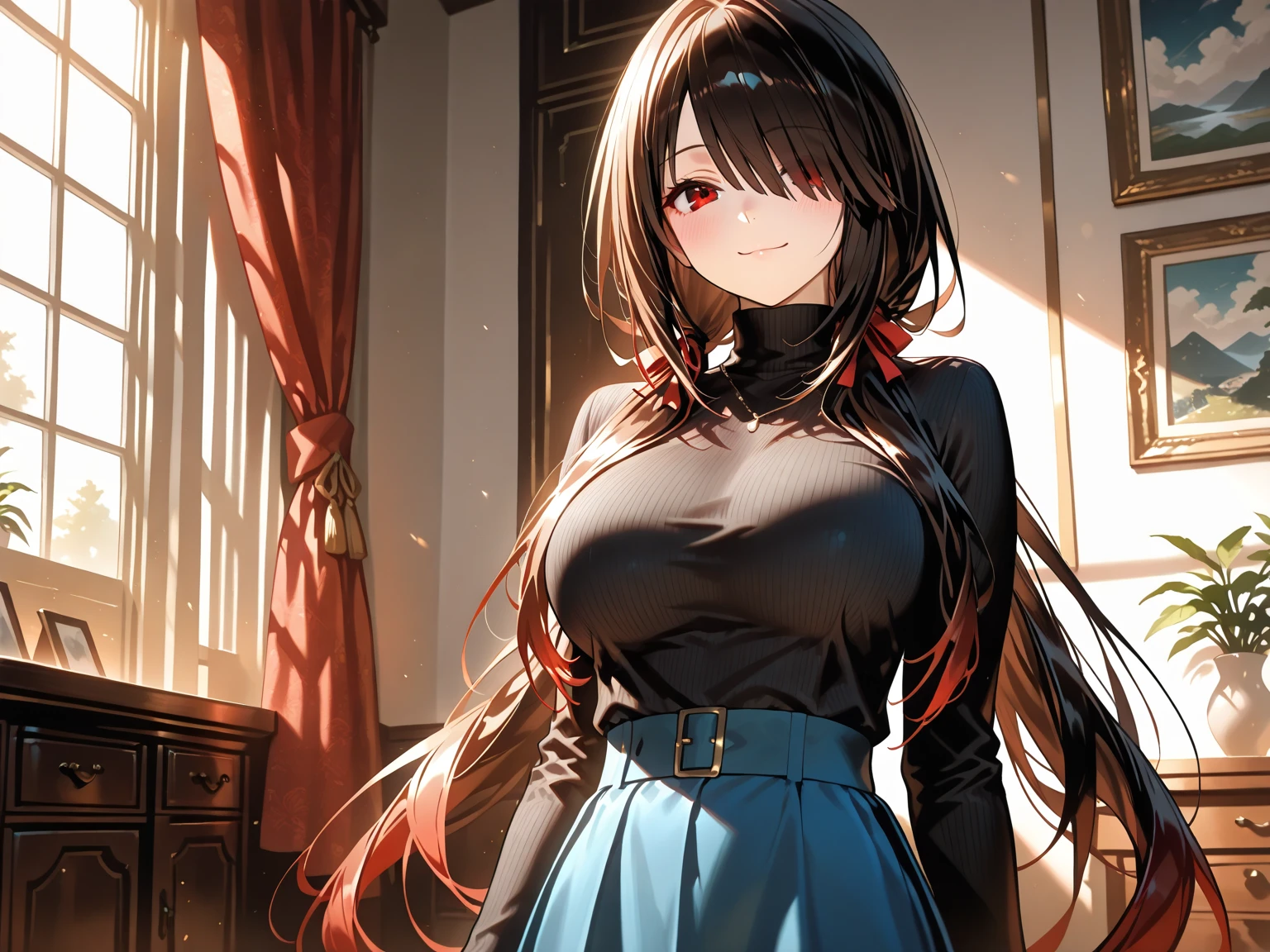 Okitsu Yuka from Shirobako ,(big 19 years old, large breasts, triple D cup breasts, sexy, horny, round buttocks, bubbly buttocks, fit and strong, slender body, plump lips, sharp focus,(ultra detailed,extremely detailed),(photorealistic artwork:1.37),(extremely detailed CG unity 8k wallpaper),、Full limbs、complete fingers、Slender beauty、straight haired、Brown hair、(Black Long Sleeve Knit Top)、(Red Mini Flared Skirt)、Brown pantyhose、Beautiful Large Breasts、aquariums、Huge aquarium、Inside the aquarium、School of fish in the aquarium、Watching fish、A big smile