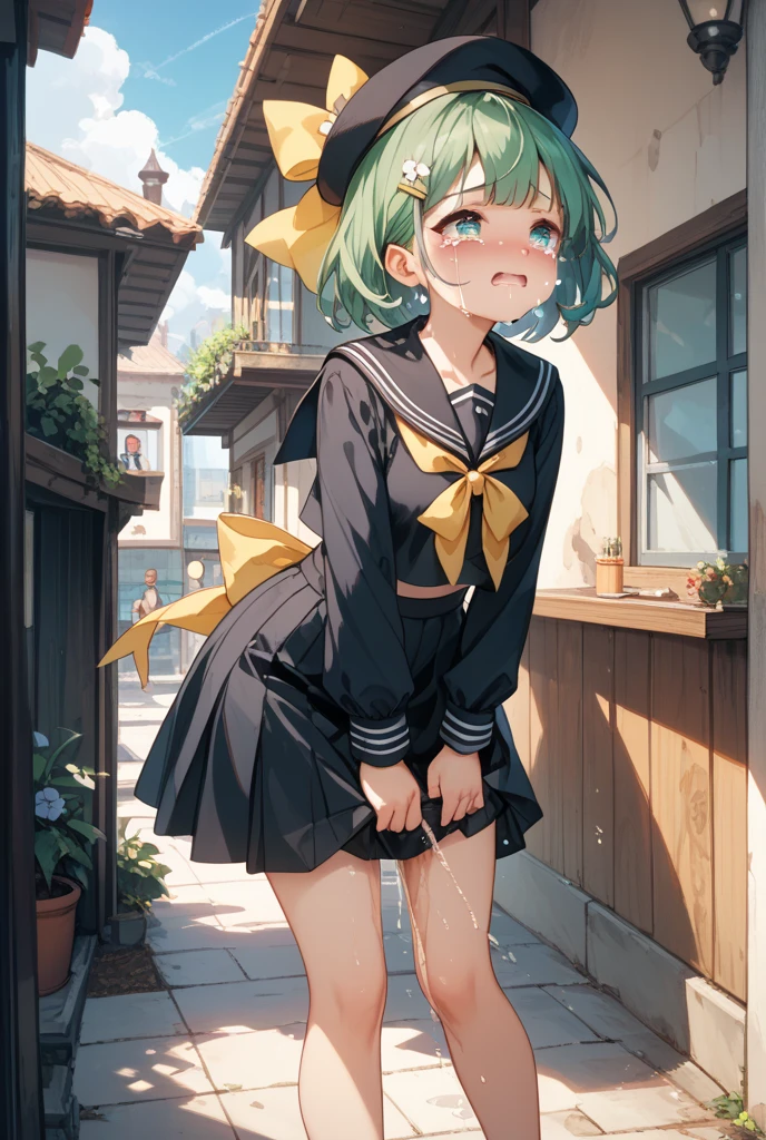 (((school classroom one girl, Medium bust、morning, Sunlight, Best Shadows, The best lighting、(posterior view)、(Looking into the schoolyard from the window)、leaning forward on the window sill、The chest is covered by the window sill、Spread your buttocks with both hands、(Grab your own butt)、Lower body nudity)))、(A cute high school girl wearing a uniform only on her upper body、tiptoeing、Buttock stretch、 ass spread、(Put your hands on your own buttocks)、Pubic hair shows through)、 smooth translucent white skin、(extremely details CG、 Unity、8K Wallpapers)、(extremely delicate and beautiful)、(masterpiece)、(top-quality:1.0)、(超A high resolution:1.0)、(Precise human body structure)、(Full limbs)、(Two arms)、(2 legs)、(complete fingers)、(Slender beauty)、(Not muscular)、 ((((Expressive eyes, Perfect face, 1girl in, good breasts、round breast、 Medium bust、cleavage、Pink nipples、 pink areolas、Eliminate nipple protrusions、 Feminine,Blushing,The girl is Bulma from Dragon Ball、Hair Ribbon,braided ponytails, green colored hair、Girls' Cats'covered with fur、clean and not hairy、clean、Not Moriman、Rear cat)))、cum on、(red blush:1.3)、inside in room、by the window、huge window、 Schoolyard seen from the window、beautifully lit landscape、idyllic scenery、 serene landscape、Beautiful Landscapes、stunning landscape、(Setting up a room with a view of the schoolyard)、(The schoolyard where students commuting to school can be seen from the windows.)、Perfect view