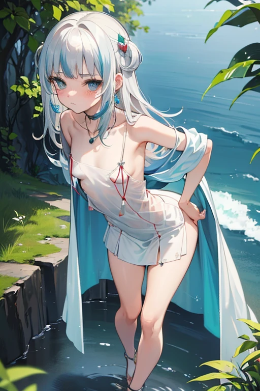 very thin girl 11 years old without a shirt, Without clothing, thin, Blue eyes, white hair with red tips, wet body in white swimming trunks, straightens his hair embarrassedly