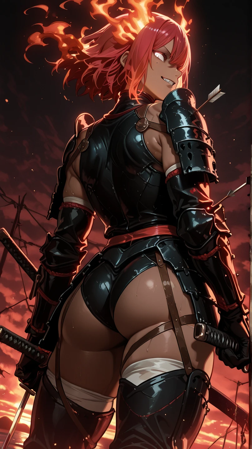 (best qualityer))), (((manga strokes))), (((back view))), (((perfect ass))), woman red dragon knight, (((red helmet))), metal panties, medieval albino girl, Barbed wire garter belt, breasts covered with a wave-shaped metal breast protector, Curly white hair, long ribbon-garter, chains wrapped around the arm, metal gloves, great sword, medieval castle, fitness body, blood, nude belly, coxas nuas (((manga style))), violent, Manic, slenderbody, thin but strong, perfectbody, armor black, ornate metal sleeves, Intricate look with a huge medieval castle