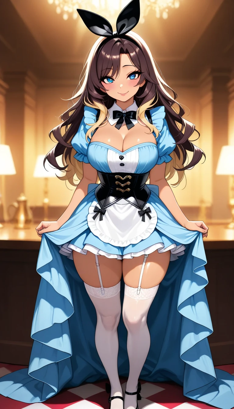 Highest quality,Highest Resolution,A beautiful girl in a super high leg maid leotard, smiling,Big Breasts,Striped knee-high stockings,Frills,garter belt,Bedroom,Night view outside the window,Standing posture,front,whole body,Place your hands behind your head.,