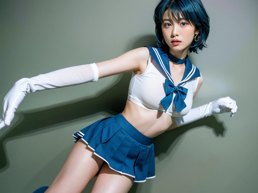 (best quality, 8k, photorealistic:1.5), (solo),(one girl:1.5),(Childish),(baby face),(pin up girl),(pinup model photos:1.3),(shiny skin),(oily skin),(Light blue hair:1.3),(straight hair),(long hair:1.5),(beautiful girl),(cool beauty girl),(elegant woman),(Blush brown makeup),(dark eye makeup),(pink lipstick),(big beady eyes girl:1.3),(droopy eyes woman),(blue eyes girl:1.3),(impressive eyes),(expensive necklace), chuuChloe,(keep smiling),(looks fun:1.5),(mini thong:1.5),(healthy body),(Show off crotch:1.6),(teenager girl:1.5),(Sailor Mercury costume play:1.5),(bold posing),(squat down)