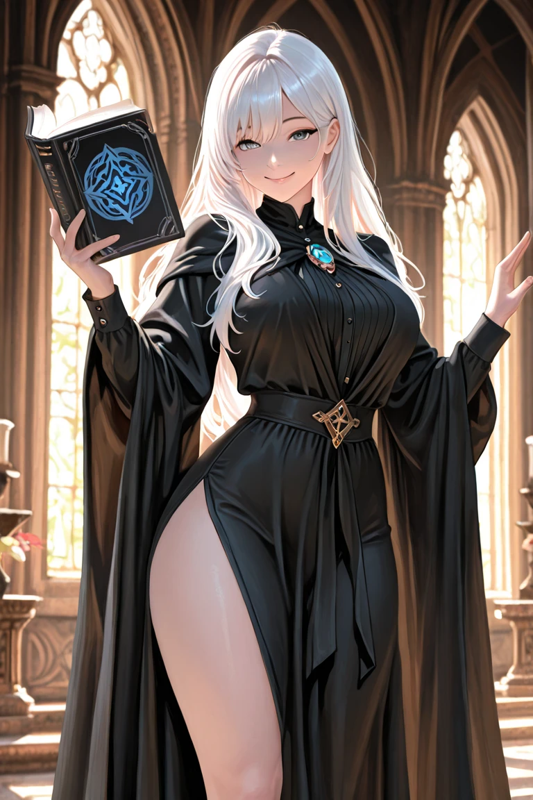 (8K, Best quality, tmasterpiece:1.2),\(Eyes detailed\),\(facial feature\),(\(Clothes detail details\)\),Full body lesbian,(surface focus) ,Very detailed CG unified 8k wallpaper,hugefilesize,ultra - detailed,A high resolution,Huang Li,beautidful eyes,Ray traching,dramatic shadow,Detailed pubic hair,dramatic angles,hyper-detailing,(1 girl:1.3),(Alone),Mature woman,Long curly beige hair,gigantic cleavage breasts,This is the Necromancer,(Wearing black magician robe),Witch hat,Thin and tall.inside a room,wall made of bricks,Grey cement floor,(Books are piled on the ground to form a small tower)