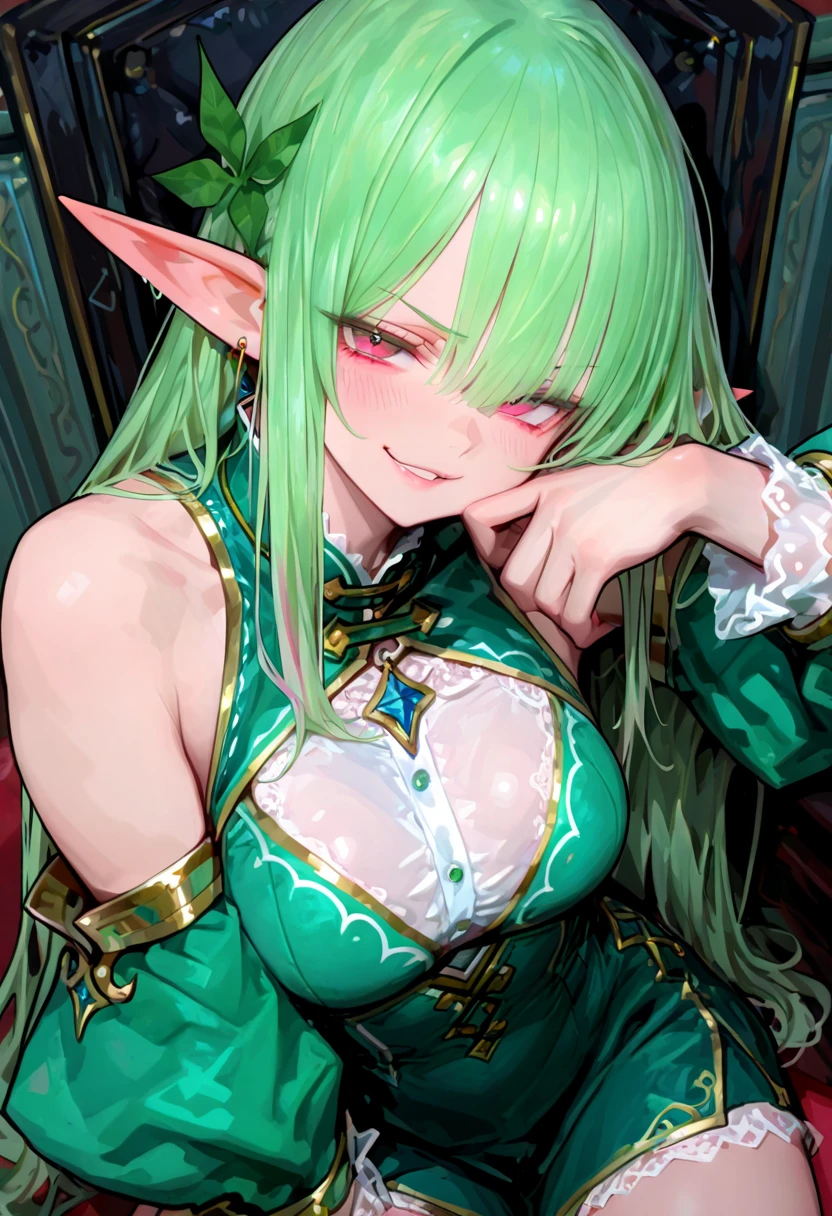 1girl, masterpiece, best quality, highly detailed, illustration, feliss, indoors, upper body, leotard, red forehead jewel, parted bangs, angry, blush, <lora:Feliss:0.7>
