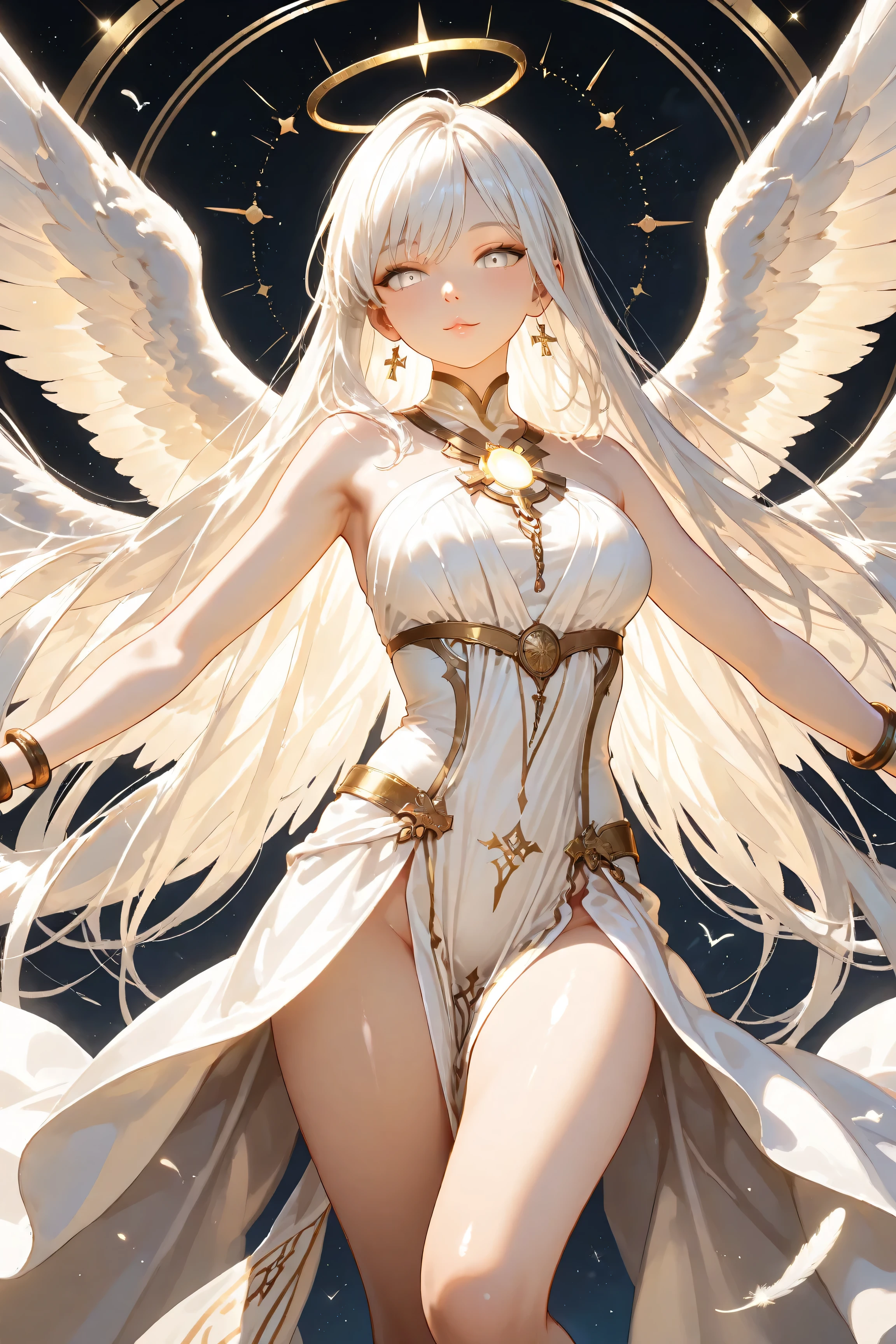 A high-ranking angel with six pairs of wings。Gorgeous honey gold hair。Wavy long hair。Mysterious silver eyes。A beautiful god clothed in light々Standing。
Light shines from the sky、illuminated by a halo。