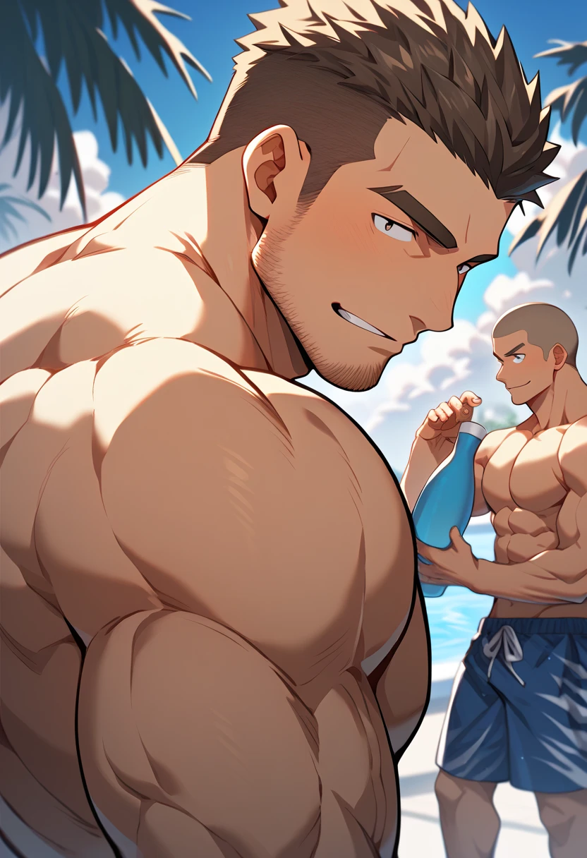 Highest quality、masterpiece、(muscular male:1.2)、(father:0.5)、Short Hair、Sports haircut、short hair、Swimwear、smile、(sweat:1.3)、(steam:1.1)、gangbang、3boys、ass pov、Ultra wide angle、Beach