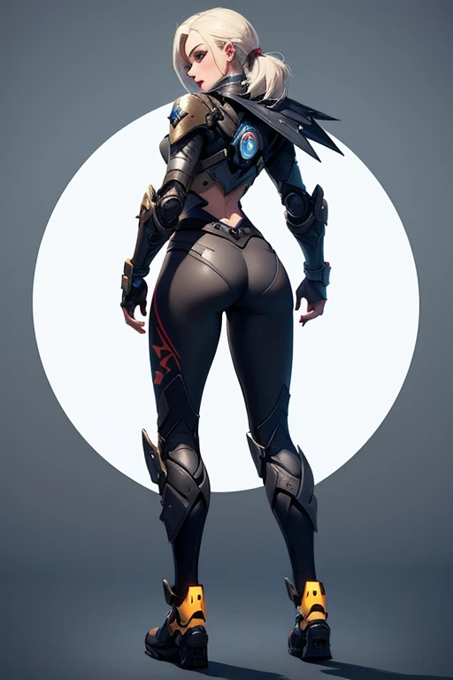 (((mulher))), (((melhor qualidade))), (((obra prima))), (((adulto))), (((1girl))), ((( de costas ))), ((( corte de cabelo bob ))), Uma gladiadora cyberpunk mulher de 25 anos com corpo perfeito, ((( Back view ))), ((( butt ))), shoulder pads with metal spines, Gladiadores do Brooklyn, (( corte de cabelo bob )), tiny leather panties, camiseta de time de rugby rasgada, quase nua no estilo selvagem urbano de Simon Bisley para a capa da revista Heavy Metal, Cabelo loiro curto, Minimum clothing, Metal protection on the left arm with intricate graphics, Dark red with white stars and white and navy blue checkerboard pattern, armadura, cheio de pontas e rebites, (((do joelho pra cima))), cabelos loiro branco curto, no fundo uma parede pintada por Shepard Fairey com um design intrincado