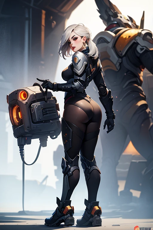 ((Masterpiece, plain background:1,2, masterpiece)) full body standing whitish bikini barefoot barehand together holding her knockers, cleavage, leather corset, long red messy hair, (((in the motel room))), (muscular ass), (thin waist), (very horny), full body photo (grey eyes:1.5) grey hair, hair between eyes, long hair