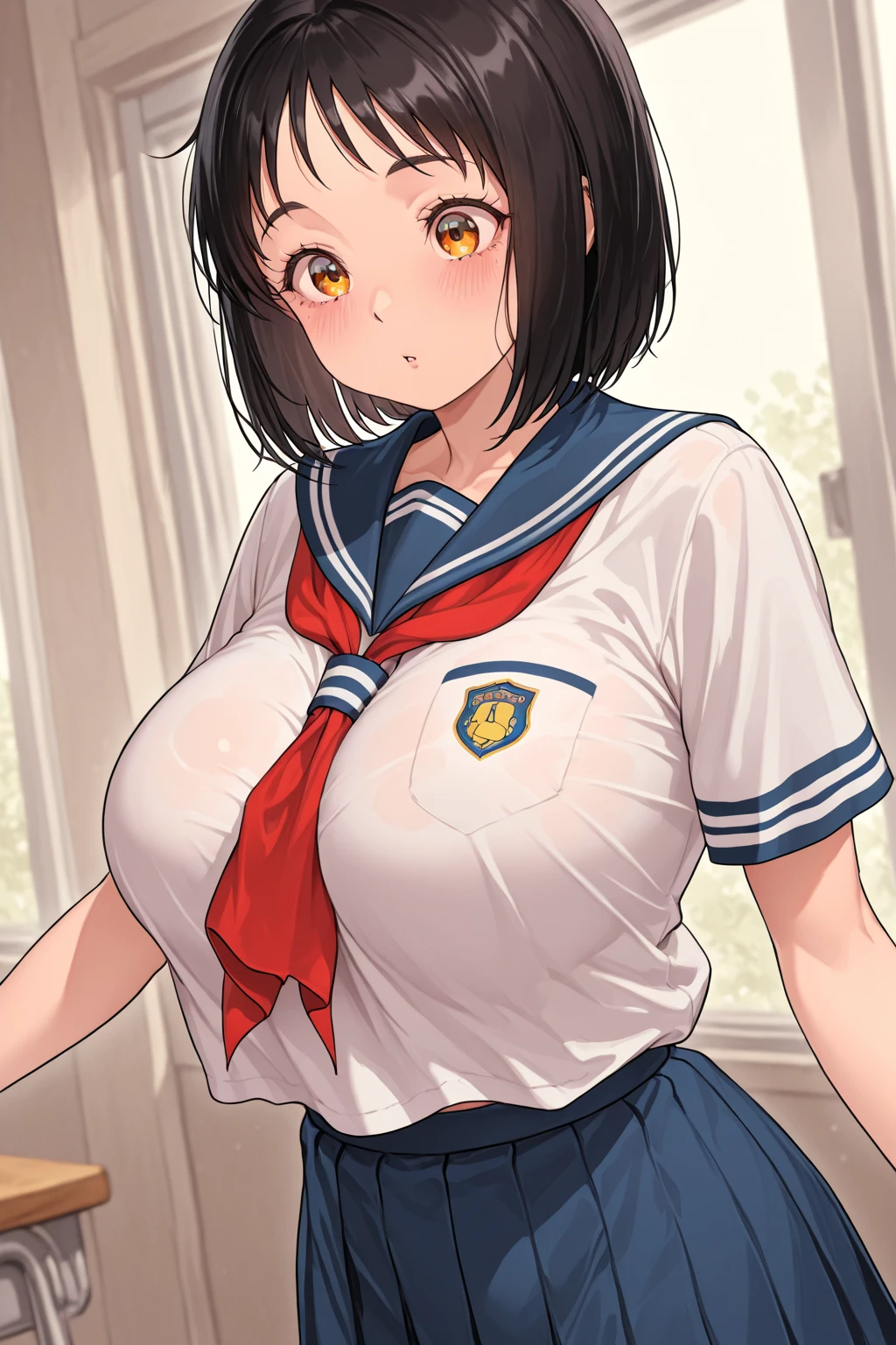 (best quality), (Super detailed), (Best Illustration), (detailed eyes), (nsfw), (1girl), look at viewer, (white serafuku:1.2), (clothes lift:1.3), (show off very large breasts:1.2), (show off nipples:1.3), curvy body, blush, brown hair, (bob cut), curly hair, hairs between eyes, twinkle(in the eyes), blue eyes, (school:1.3),