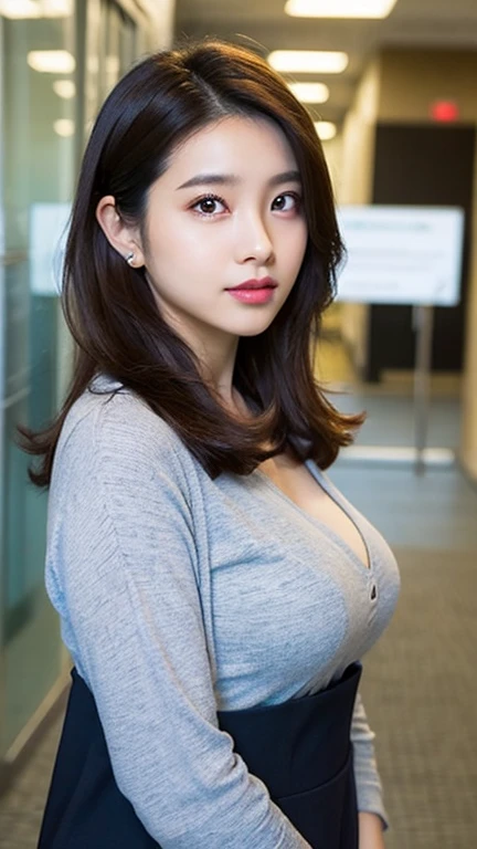 Tabletop, Highest quality, Photorealistic, In detail, High resolution, 8k wallpaper, Perfect dynamic composition, Beautiful attention to detail, Medium Hair, Big ample breasts, Random sexy poses,Put your chest together、(Open Chest Mock Neck Crop Tank Top White Knitwear、The cleavage looks realistic)、(Breast Swelling 1.2)、Laughter、Open your mouth、Resort scenery、Age 25、(Droopy Eyes 1.4)、Adult Beauty、Japanese