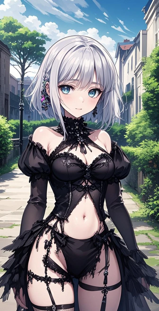 cartoon、Black and White、2 coloronochrome、Manga illustration、 Line art、Super High Resolution Super Quality、anime、Zoom in Enlarge 、smile、Fantasy、Magic Thunder、Bathing Bikini Mage、High quality texture of black clothes, hazy and fantastic light, realistic texture, frills, lace material, luxurious adventurer clothes, sparkling jewels, silver decoration, platinum Beautiful Girl has a Nice Body, highlights in eyes, upper body, snap, blue sky, distant mountain range, rock surface and grassland, bob hair, flower shape into eyes, close-up, zoom up
