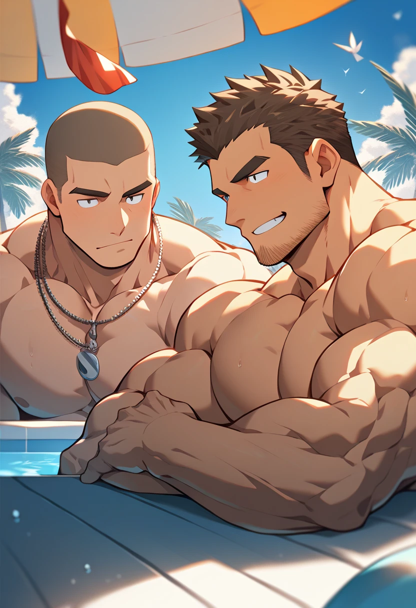 men, muscular young man in string thong, large lump, big chest, trasero grande, en la playa