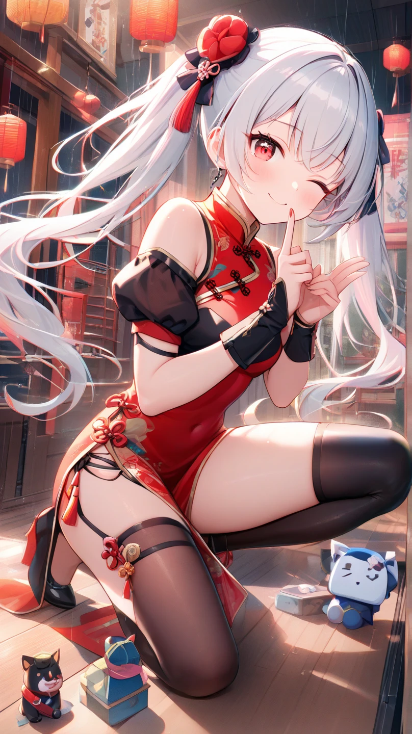 Torn red cheongsam,Broken black pantyhose,huge breasts,胸前Holes in clothes,Damaged clothes,Holes in clothes,Battle damage,Seriously injured,long white hair,Wipe the blood from the corner of your mouth with your hand,Weak,Gasping lightly,There are wounds on the body,Body injuries,Weakly on one knee