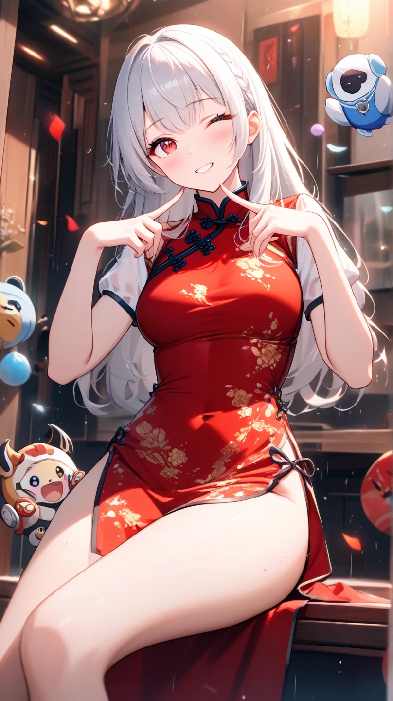 score_9, score_8_up, score_8_up, wet skin, small breasts, pale skin, cute face, ???-like proportions, blue eyes with snake-pupils, (((ethereal white hair, chinese hairbuns))), ((bangs)), chinese palace indoors, amazing eyes, scared look, low light, negative_hand, , Expressive, 1girl, tiny innocent chinese snakegirl-princess girl, shiny skin with white snakescales, chinese dress, short cheongsam, snaketail instead of legs,, jewelry, detailed background, chinese dress, china dress, slit leg dress, cute forked snake-tongue, chinese clothes, curled up on floor, scared submissive female, perfect face, solo, lower body of a white beautiful snake instead of legs