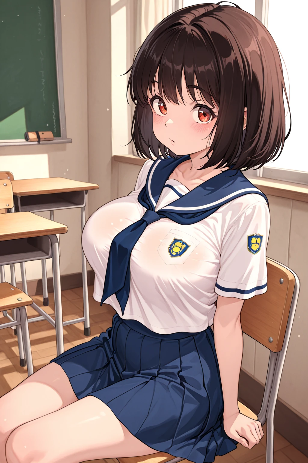 Highest quality , High resolution , Detailed CG , short hair , Sailor suit , Modest chest , Black Hair , thumb、index finger、Middle finger、ring finger、Optimal ratio of the little finger , Two limbs , Optimal ratio , Embarrassed expression , Burning cheeks , School , classroom ,no good , Her nipples are visible through her white shirt , touching one's own breasts with one's own hands , Facial expression when orgasm is reached , rain , Panties are visible through the gap in the skirt