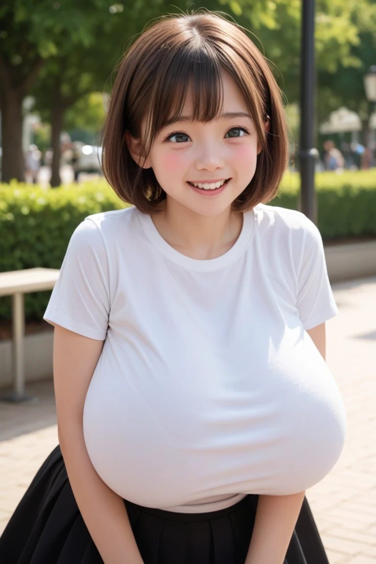 realistic depiction、super obeseのjapanese woman、super obese、super big breasts、Weight 300kg、very fat woman、Fat woman wearing a white collared shirt、black bra、japanese woman、laughter、Tight Skirt、outdoor、a bit、little woman、His height is only 145cm、Cute with short legs GoPro camera, super obese, gigantic tits, monster butts, plain underwear, daytime,