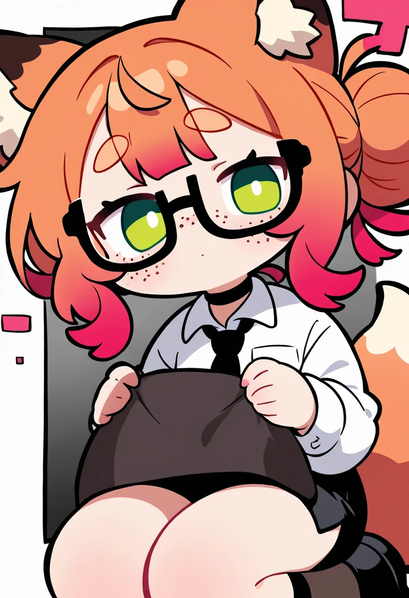 A male cat have colour dark brow fur with red eyes, wear glasses and underwear pull down a bit show small dick with shy face in front a human old man