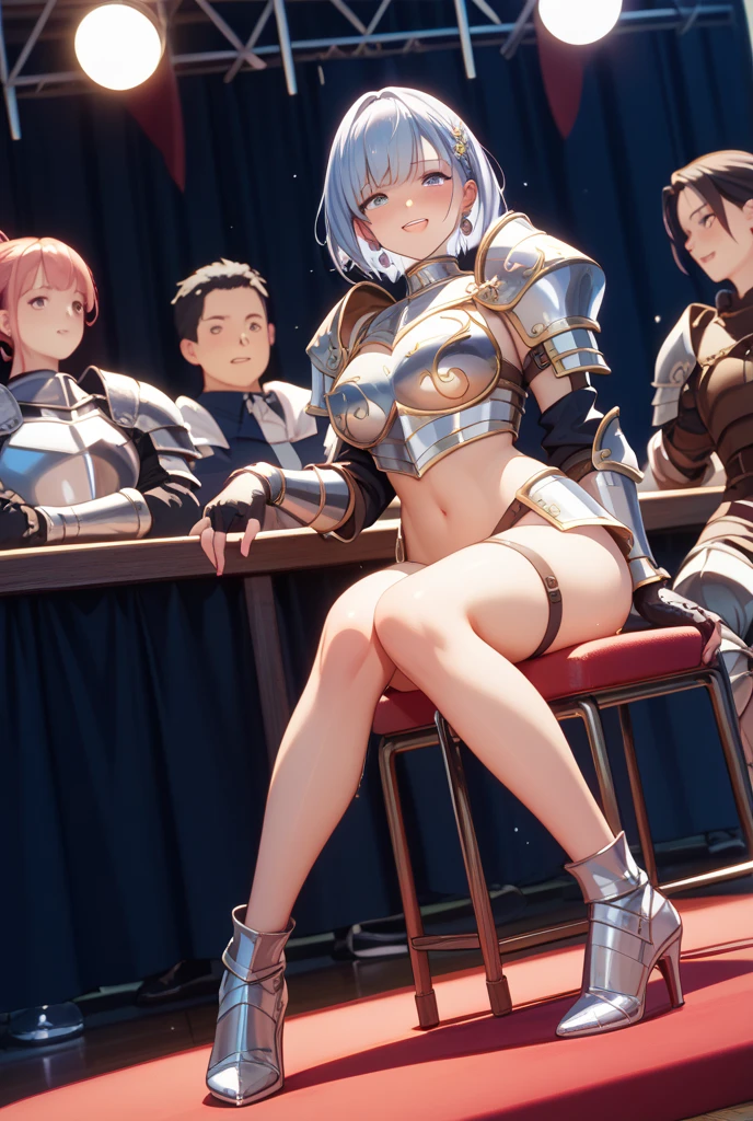 {{{nsfw:1.5}}},mature woman,princess,beautiful eyes,warrior,armor,white armor,blonde hair,long hair,hairband,side bang,breastplate,pleated skirt,white skirt,leotard,white leotard,cameltoe,1 girl,multipul boys,hetero,nose blush,open mouth,cry,embrrassed,love juice,slim body,small breast,sweat,restrained,arms behind head,arms up,defeat,bdsm,cowboy shot,from below ,handcuffs,shackles,indoor,wooden_horse,rub crotch,torture,goblin,ugly goblin,pervert goblin,surrounded by goblins,cum on body