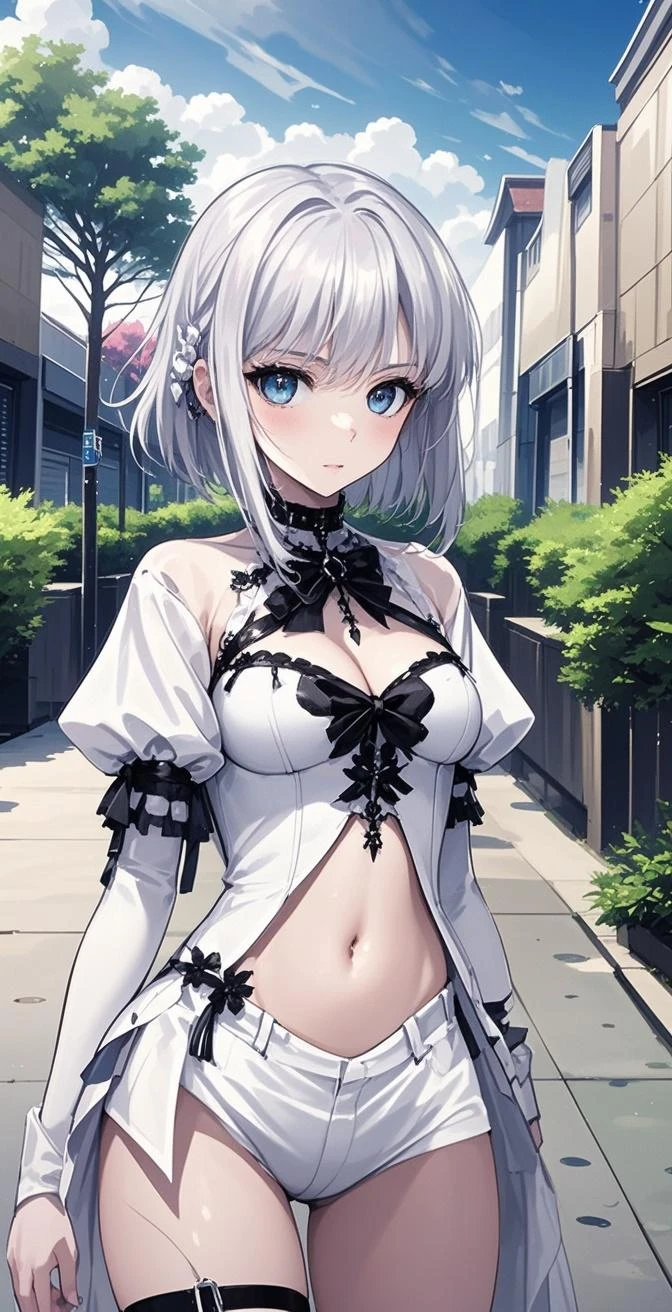 realistic image, coherent image, detailed image, 1 beautiful girl. She has short, white hair. Her eyes are blue, long eyelashes. Her face is oval and delicate, smiling. She is wearing a long-sleeved, shoulder-baring, off-shoulder top, pleated mini skirt, and mid-thigh stockings. She has a curvy body, medium breasts, thick thighs. sexy pose. Background of destroyed buildings, surrounded by nature, natural lighting, volumetric lighting,