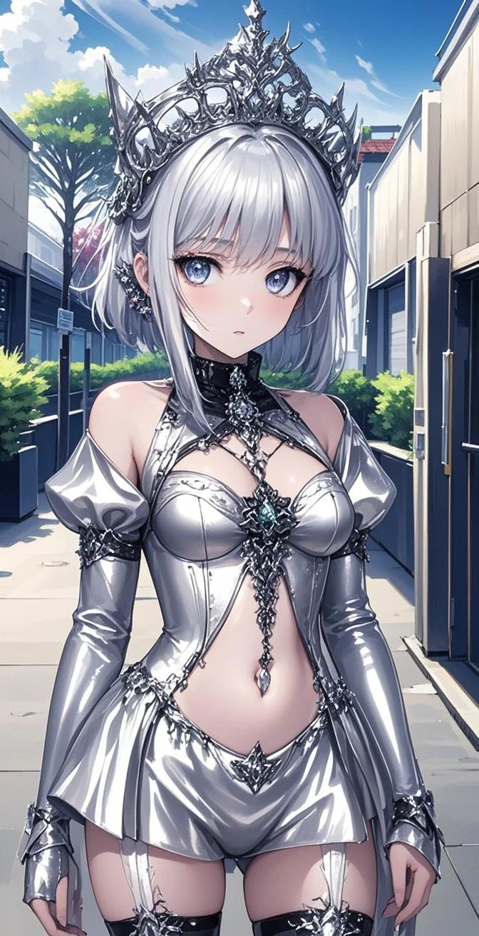 (quality)), ((Masterpiece)),   methods of perspective、 Puffy  、( see-through:1.5)、 stretch your back、 abs、 giant bust 、at an angle to the ground:1.2、 low angle camera 、 pubic hair removal ， Hatsune Miku ，( girl ),Charming姿态),( big breasted:1.4),Sagging ,,  color inner hair , short hair,))),((( Toy Doll ))), manipulator:1.5)),((Silver armor dress,Tesla coil)),((Landmines，白色 Toy Doll :1.5,body:1.5,METAL SKIN ，  MECHANICAL JOINT  : 1.4, Mechanical Hands )),((( pale  ,(Fat)),((( Shiny Skin:1.5,Light Skin: 1.5, Shiny Skin,very  Shiny Skin,white shiny body, plastic glitter skin )),( Lower abdomen ,Yao Liu, wide hips,detailed body,( detailed face)),Charming,debauchery,Seductive,Delicate metal decoration,Sleeveless, china dress in hin,金色 short hair