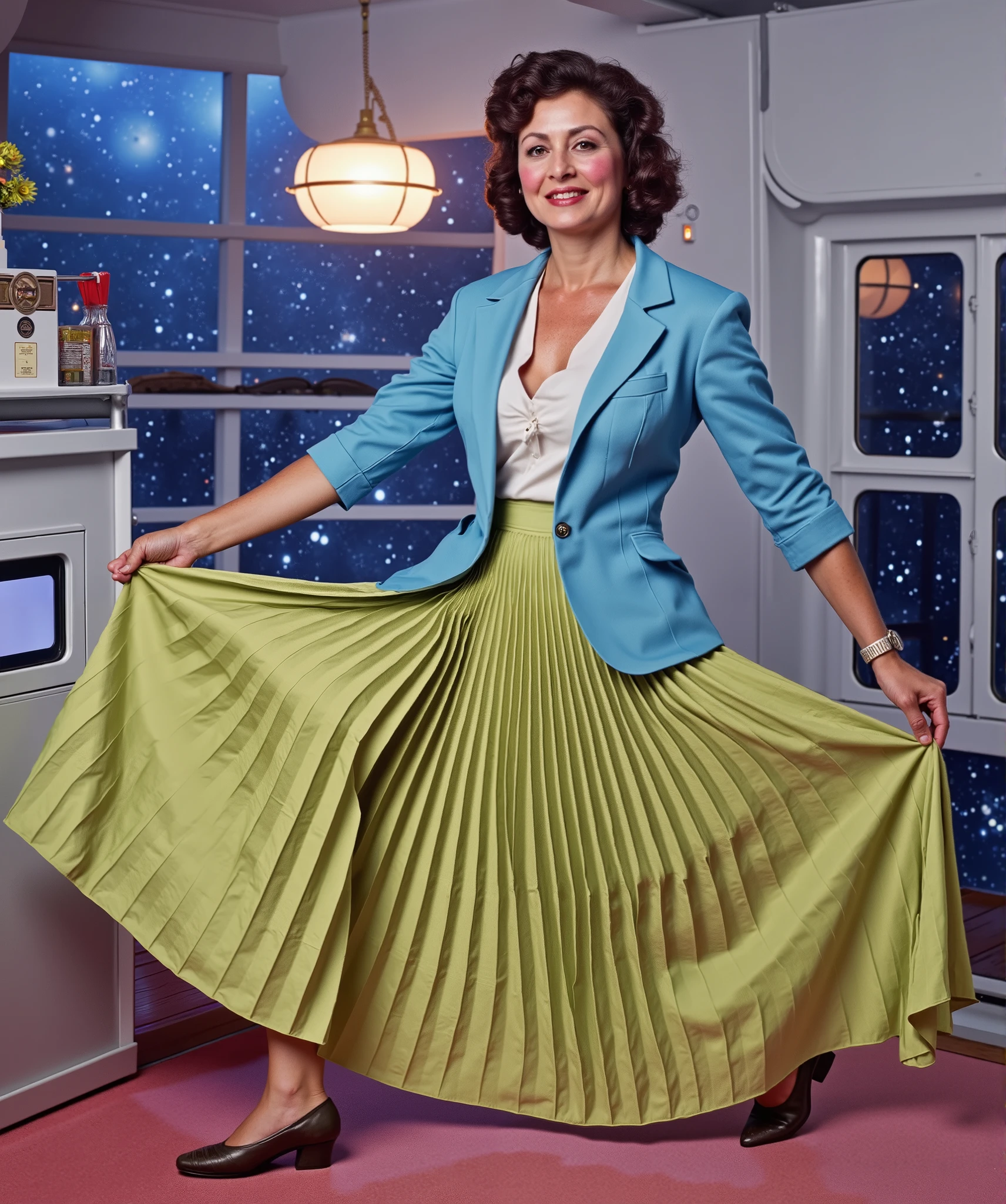 In an interstellar office adorned with vintage charm, a demure, mature therapist, dressed in a crisp uniform jacket and a blouse, reveals her alluring feminine grace. Her long, pleated skirt flows dramatically as the subtly lifts it, each fold a testament to the high-quality 35mm film, capturing the essence of Portra400 or Vision3 200T/500T. The soft focus lens embraces her, blurring the cosmic backdrop of star-studded windows that frame her nurturing embrace. She sits on the edge of her desk, her modest low-heel shoes hinting at a flirtatious posture. Her gentle smile is enhanced by the warm golden light that kisses her flushed skin and glistening sweat, while her glasses reflect the moonlit dance of distant galaxies. Her large, beautiful breasts are jubilant with her big hard nipples. The soft, seductive arch of her legs invites closeness, and her blushing cheeks and parted lips whisper promises of a passionate embrace. The spacecraft's interior, a blend of retro-futuristic elegance and modern ergonomics, is bathed in a sensual ambience that resonates with the therapist's longing gaze. The composition is a masterful blend of intimate framing and the vastness of the cosmos, highlighting the stark contrast between her tender touch and the cold steel of the spaceship. The lighting, a symphony of artificial warmth and ethereal moonbeams, casts long, dramatic shadows that play upon her form, emphasizing the contours of her body and the sharp creases in her skirt. Her eyes, filled with a mix of empathy and desire, beckon you into the heart of the frame, inviting you to explore the depths of her soul in this erotically charged, celestial sanctuary.
