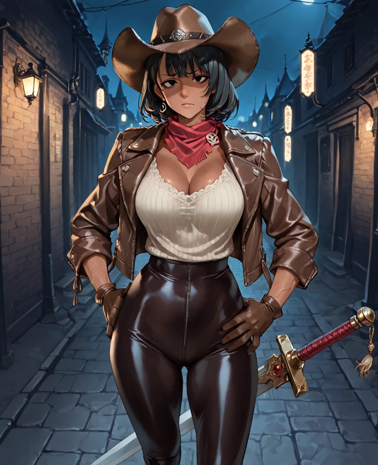 Gunslinger, pointy ears, red eyes, short brown hair,
glasses,midriff, chaps, red cowboy hat,cleavage,red bikini,belt,thighhighs, western town,
smile,
standing, upper body,
merchant store,
(insanely detailed, beautiful detailed face,beautiful detailed eyes, masterpiece, best quality) <lora:Gunslinger-10v5:0.8>