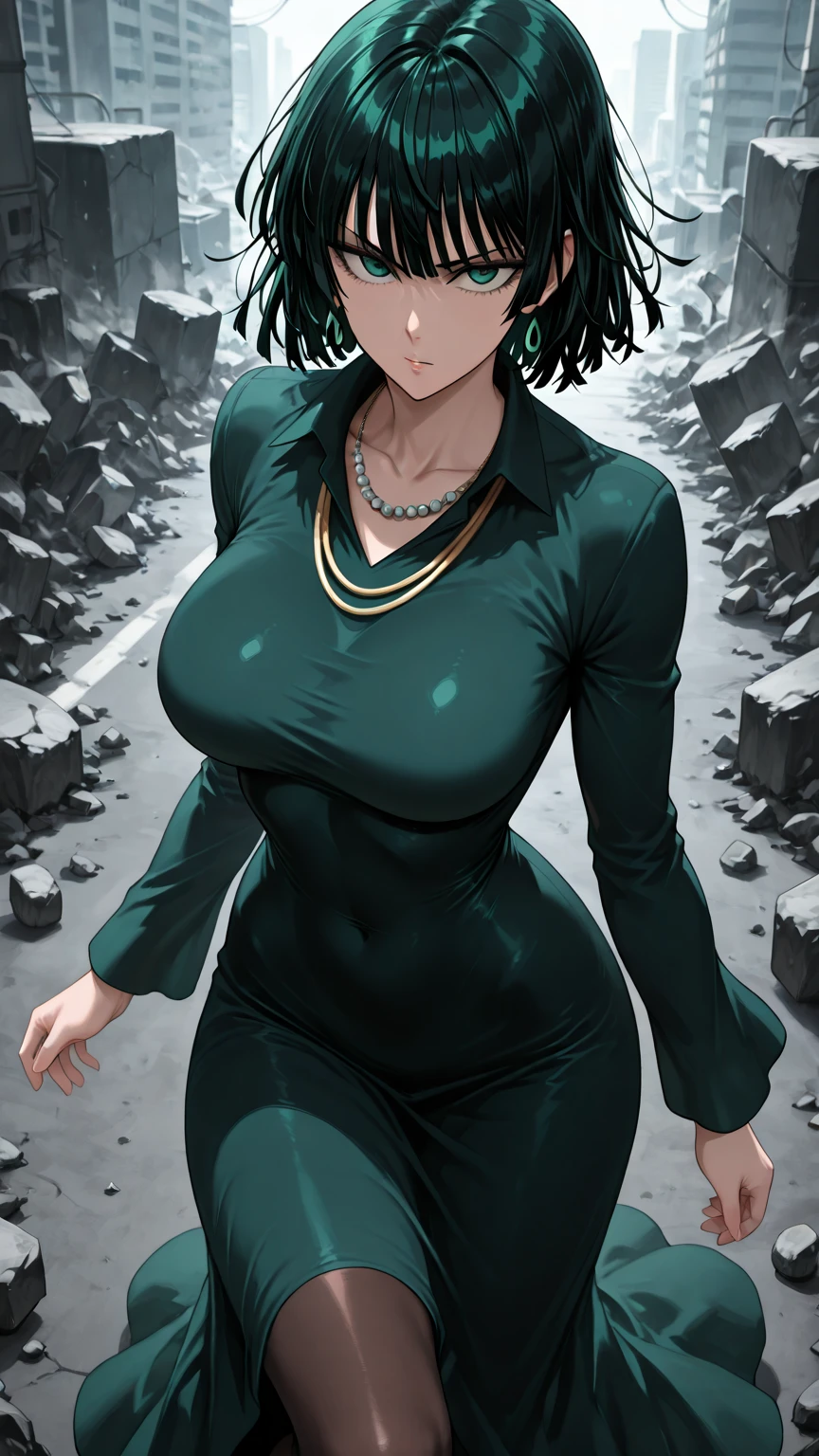 fubuki from one punch man, green eyes, short deep green hair, big lips, wearing V-neck bodysuit, running on a destroyed city, cinematic shadow, cinematic fog, blushing cheeks, joyful expression, dynamic pose, big breast, big hips, NSFW. Big butt,