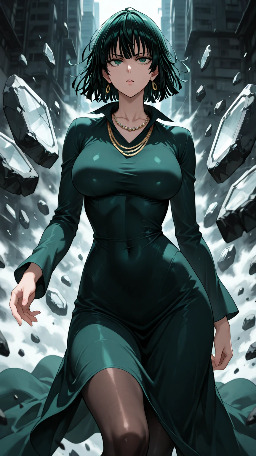 fubuki from one punch man, green eyes, short deep green hair, wearing black bodysuit, running  on a destroyed city, cinematic shadow, cinematic fog, crow's in the sky, matured face, blushing, joyful expression, dynamic pose, big breast, big hips, full body view, big body, fat body, esper power