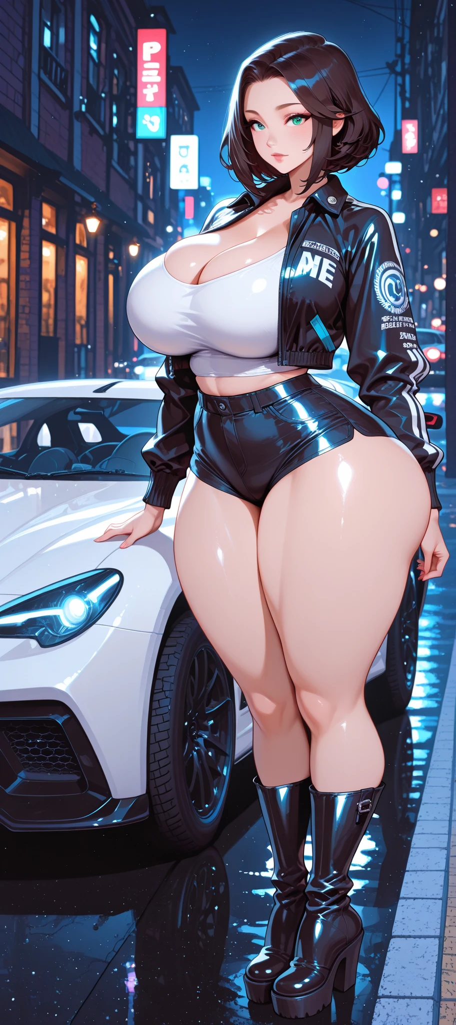 1 woman standing on the street, cute face, short black hair, smiling, aesthetic, attractive, sexy pose, big breasts and butts, wearing an all black tight dress to the neck, tight on thighs and breasts, black long boots, detailed pink lips,Mate, red pallet, black pallet, plane background