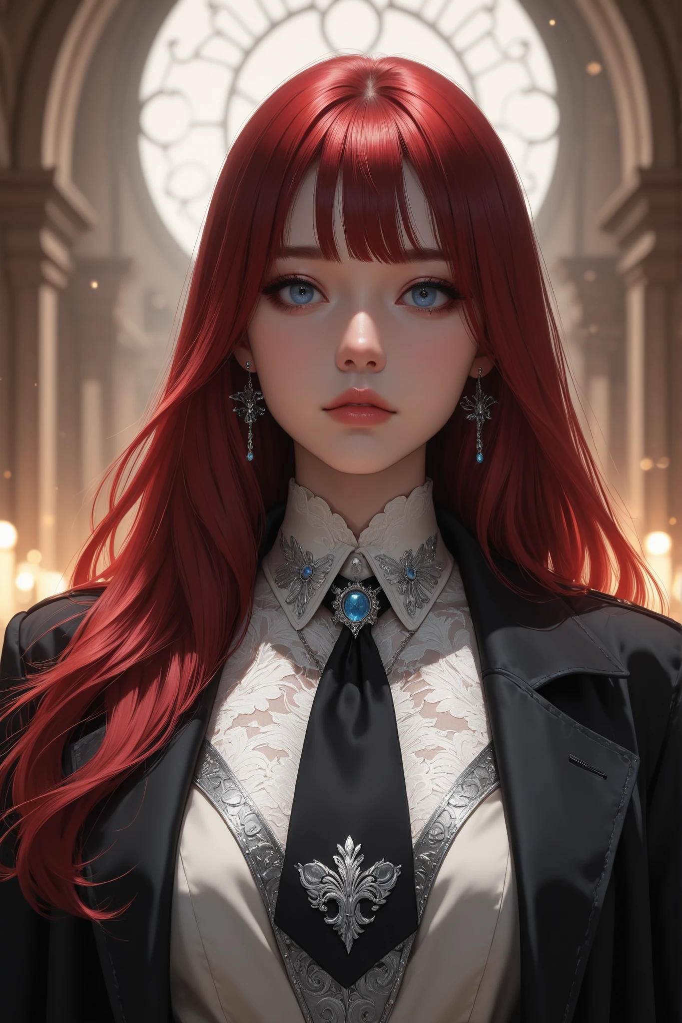(masterpiece, ultra realistic, 8K RAW, cinematic lighting, iconic Korean mafia style), waist-up portrait of a beautiful Western woman with an elegant, soft oval-shaped face, no visible bone structure, small sharp lips, and piercing blue eyes. She has long red hair styled in a mid-layer cut with natural curtain bangs — the hairstyle is loose, flowing, and frames her face with refined symmetry.

She wears a luxurious aristocratic black overcoat with silver embroidery and structured shoulders, styled in a neo-Victorian mafia fashion. Underneath, a crisp white button-up shirt with a dark cravat or tie. Her look is commanding, noble, and stylish — like a powerful ex-mage who now leads an underground empire.

She is holding a small elegant wand (like those from Harry Potter) in one hand, angled downward — with no smoke or visible magical energy. The pose is calm and poised, with quiet confidence.

The background is a dimly-lit urban alleyway in Korean style — cinematic lighting, moody shadows, subtle mist or light fog far behind (not around her). She faces slightly toward the camera, with a serious, composed expression.
