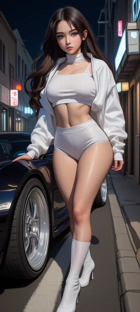 realistic, 1 women, best quality, 12k, HD, long hair, big round breasts, cleavage, ponytail, necklace, jewelry, shorts, short jacket, slim hips, hair tie, yellow eyes, black hair, super detailed, Eye details, hair details, person details, mouth details, face details, breast details, clothes details, hair details, pants details, hand details, whole body