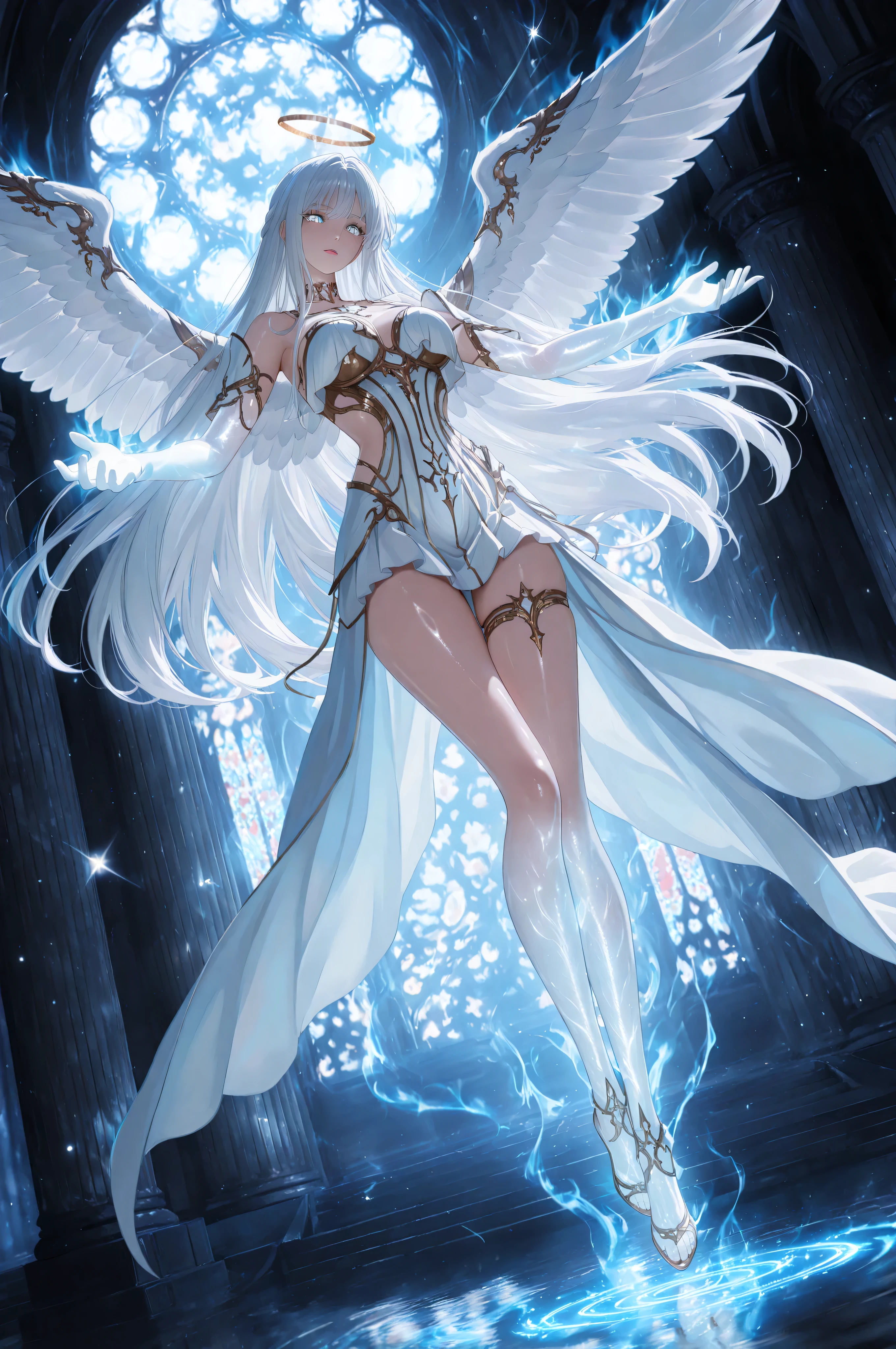 solo,looking at viewer,glowing,negativeXL_D,Background, Masterpiece,  High Quality ,  high resolution, 16k, Illustration by Makoto Shinkai,  animation of images,  detailed background,  Hyperrealistic ,  digital paint, dark fantasy, Celestial View ,  Angel Girl ,   floating in the air  ,  Expanding Arms Like Christ,  shiny long hair、White Eyes,  long lashes,  clean skin,  Beautiful Legs,  Light Shining from Behind , Sacred Expressions, Temple of God, Aura of Light, cinematic angle