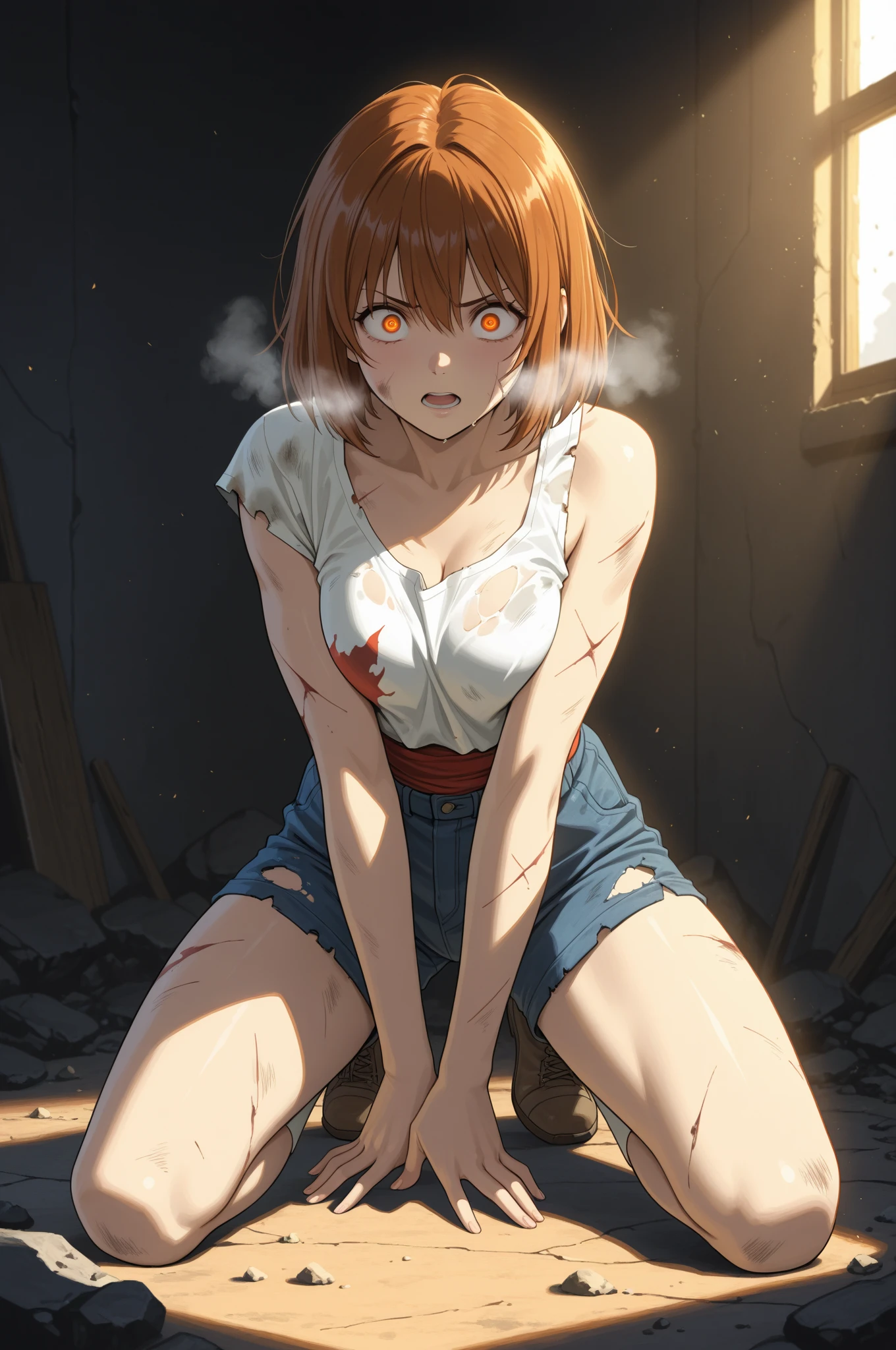 (((1 girl naked))),((The Old Wanderer's Clothes)) , (((8K,2 thousand.))),(tmasterpiece))), (((beste-Qualit))), (Ultra-detailed) ((highly detailed CG illustration)), ((Extraordinarily gentle and beautiful face)),,a 1girl,( ConceptArt) , , (tmasterpiece:1.2), (beste-Qualit:1.3), (One backstory, whitebackground: 1.3),(((CHARACTERS OF THE POST-APOCALYPTIC WORLD OF THE WASTELAND))), ((( Post-apocalyptic wasteland))), ((( Extremely embarrassed face))),, ((((Very red embarrassed face) ))), (((hides large breasts))), ((((hid around the corner)))) , (((hide-and-seek))), (((Discouraged) )),((((leaning )))), ((((The eyes are drawn in the style of manga)))),(( The viewer between the legs )) , ( big breastes), ( red hair and eyes in the style of manga) , ((((Supports the chest when running))) , ((((Rudman on face from stingy))))