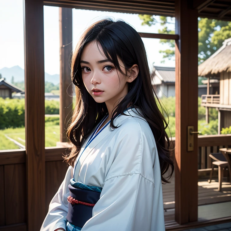 1 girl、masterwork、maximum quality、Realstic、half up、16歳、Japan houses、Pale white kimono、Morning glory handle、Sitting on the porch、water melon、Sorrisos、extremely detailed