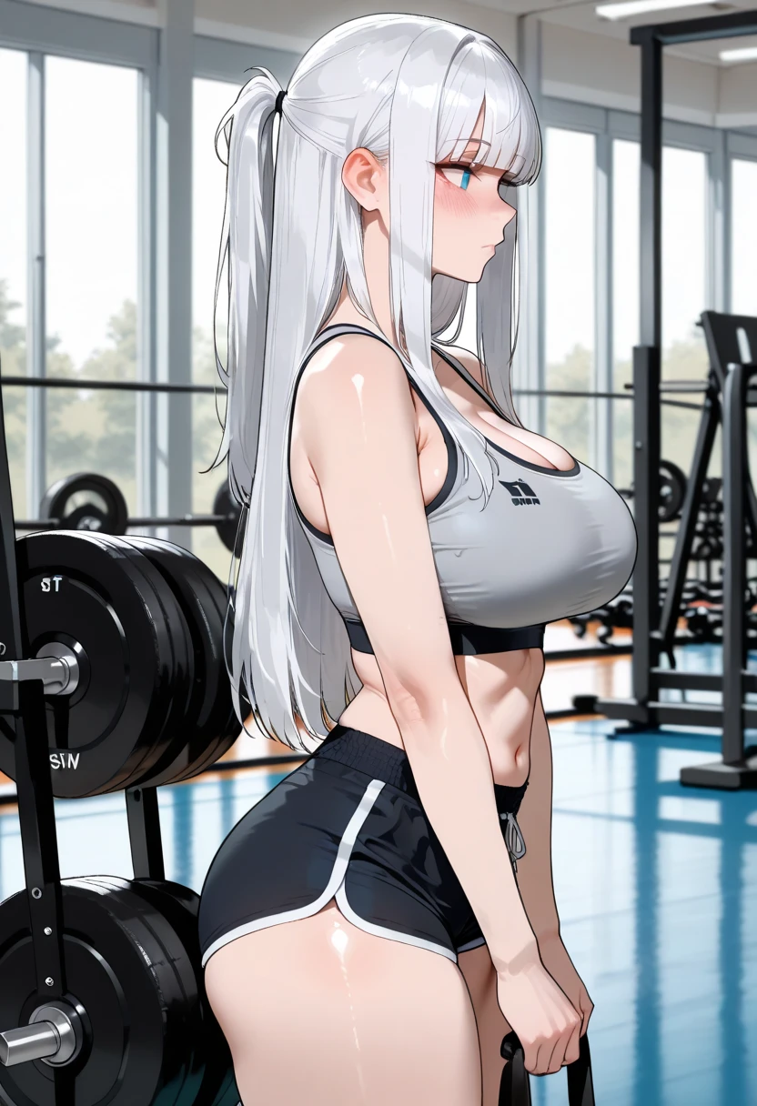 (1 girl), huge breasts, huge ass, big thighs, small waist, tight workout shorts, oversized tank top, white hair, luscious messy hair, seductive face, tall(adult), perky nipples, sweaty, hanging from pull up bar