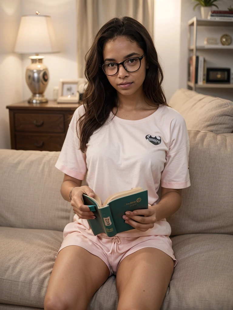 Una hermosa mujer con los ojos verdes, a brown hair girl is sitting reading a book, mientras usa una tanga azul y una camisa blanca. He is in a relaxed position studying chess while reflecting, en su cuerpo, his dedication to sport. Mientras tiene una mirada seductora y utiliza un labial rojo.