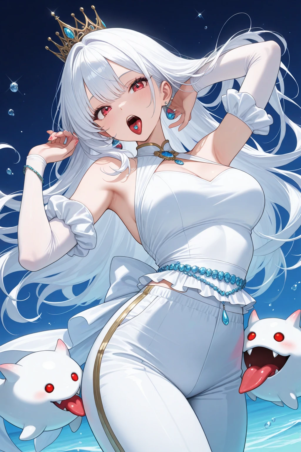 1woman, long white hair, blue eyes, cat ear, cat tail, wide cheerful grin, medium breast, feel freedom, joyful, wearing elegant white dress, beautiful, graceful,