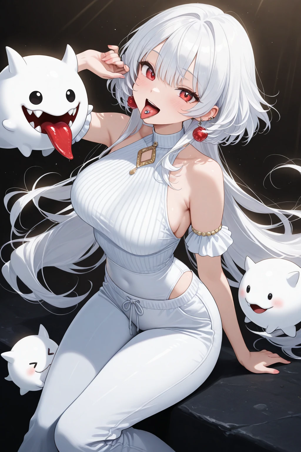 ((high detailed, best quality, 4k, masterpiece, hd:1.3)), ((best quality)), (((HD))), (((8k))), (ultraDH), (ultra HD), Snowy Forest background, snowflake pattern, red eyes, BREAK red eyes, seductive, attractive, smooth anime cg art, 36C breasts, long legs, vivid colors, detailed digital art, slim body, perfect skin, white hair, long hair, light hair, white hair, BREAK crown, cleavage, 36C cleavage, looking at viewer, BREAK looking at viewer, extremely detailed face, earrings, gem, dark white makeup lips, dark gothic eyeshadows, dark eyeshadows, white eyeshadows, white sexy lips, dark lips, very dark lips, (perfect hands, perfect ???????), white makeup, white medium lips, white thick lips, detailed fingers, five fingers per hand, 5 fingers, (1 girl), detailed lips, detailed white lips, white painted lips, gothic painted lips, BREAK night, night sky, (breast focus), (arms outstreched:1.2), (from above:1.1), (breasts out:1.3), (off shoulder:1.1), (((lingerie))), (((boos ghosts super mario))),