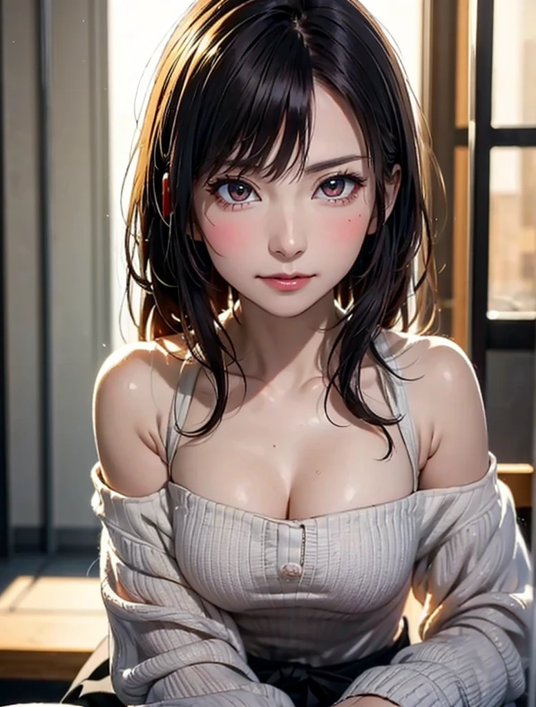 Realistic, Like the picture, Tabletop, Highest quality, RAW Photos, One Girl, alone, short hair, Brown Hair, Detailed face, Attractive face, Beige virgin sweater, breasts apart, Dynamic pose, (((from above, looking up at viewer:1.2))), From below, Detailed Background, Fine details, Intricate details, Ray Tracing, Depth of written boundary, Low Key, Hmph, Japanese