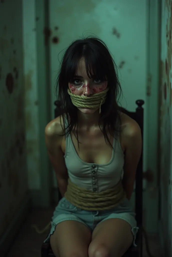 a girl tied on a chair, hands tied behind, dark, kidnapped, beaten up, bruised, gagged, tied with ropes, 1980s era Kodak porta 400, faded, vintage, low quality, dramatic lighting, cinematic, chiaroscuro, moody, somber, desaturated colors, gritty, dark, emotional, intense, captivating, photojournalistic, front view