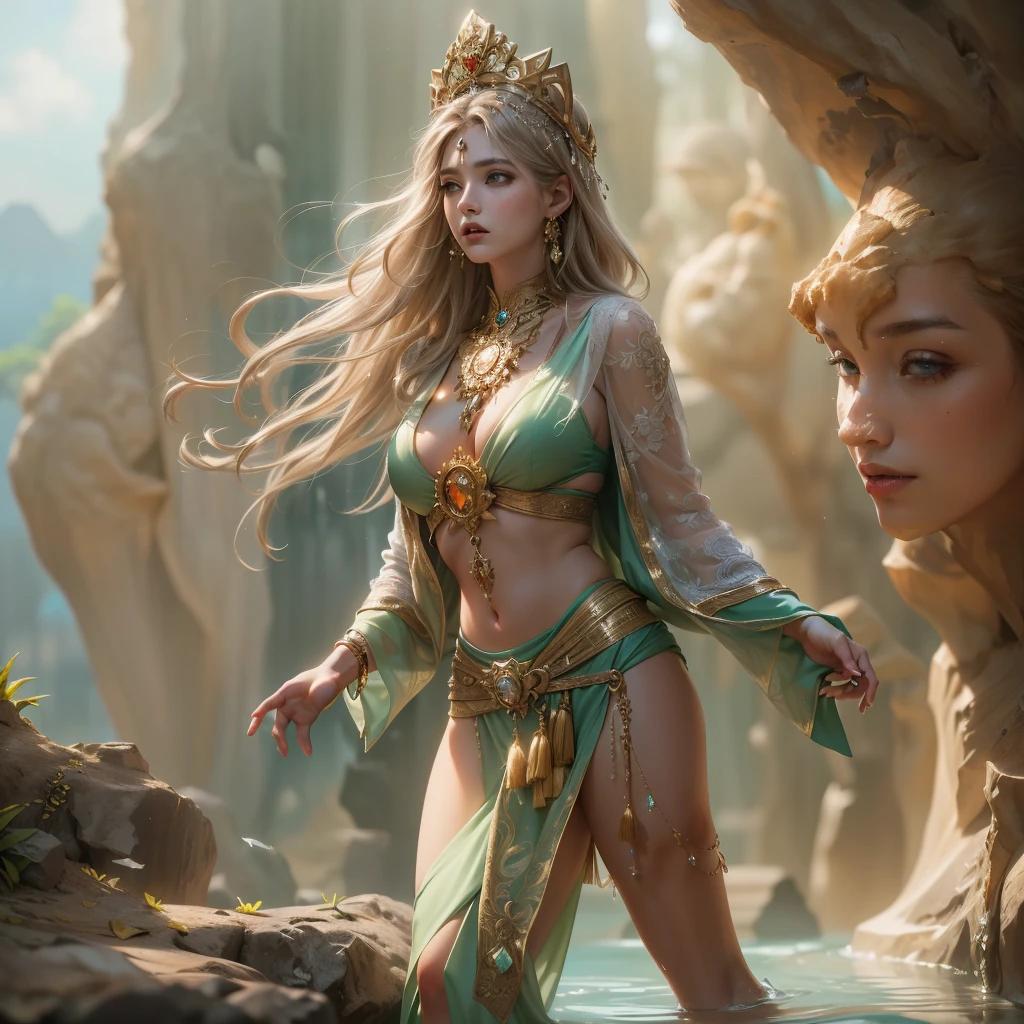 masterpiece, highly detailed. Teen Natalie Portman as a white priestess girl. intricate dress, wet crop top. Background river.